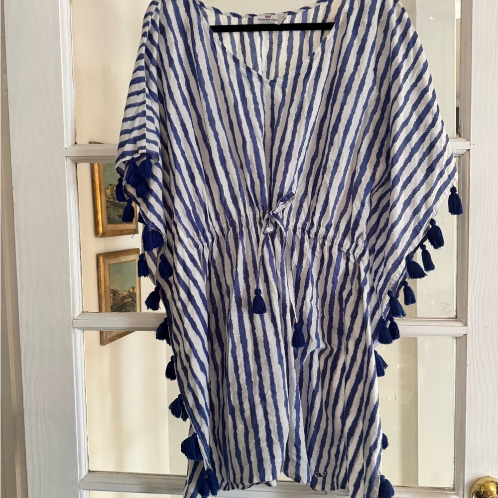 Vineyard vines Blue and White Striped Kaftan with Tassels